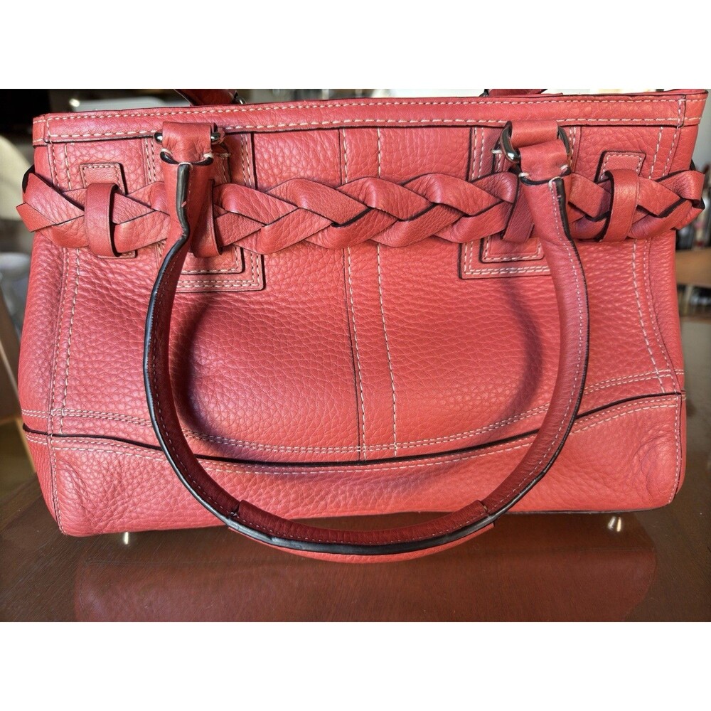 Coach Hampton Medium F13084 Coral Pink Leather Braided Belt Zip Top Tote Bag